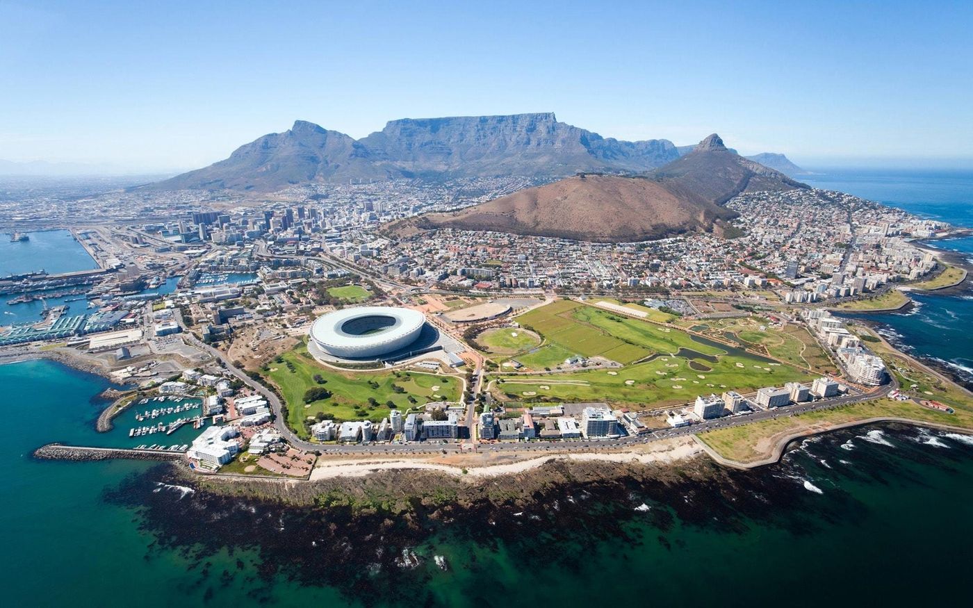 Cape Town from the air: Table Mountain, the city and the stadium