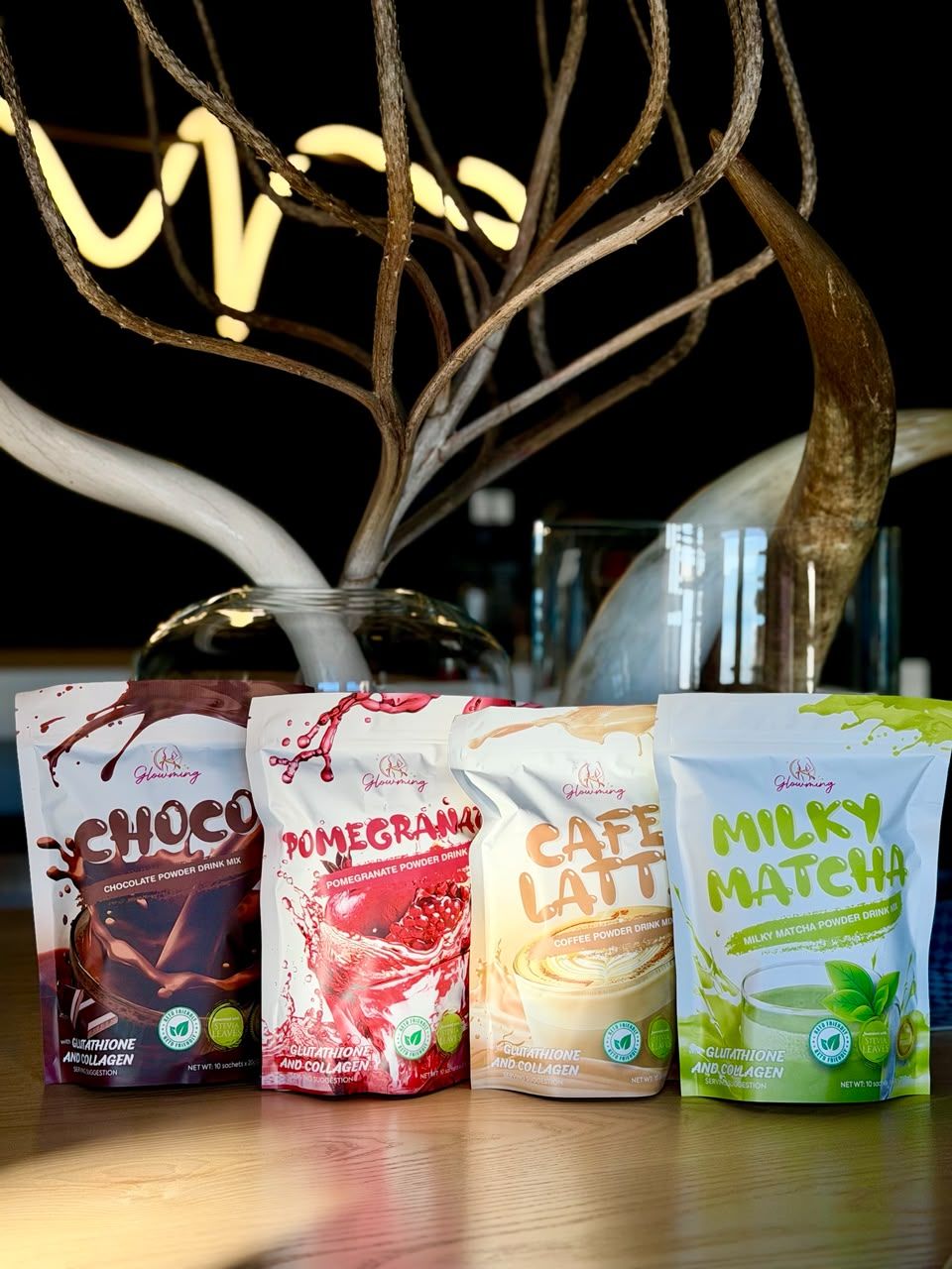 The four Glowming pouches: Choco, Pomegranate, Cafe Latte and Milky Matcha