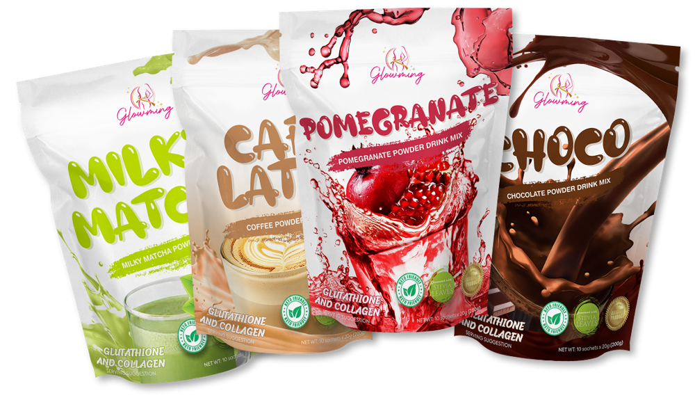 Glowming pouches: Pomegranate, Café Latte, Choco and Milky Matcha